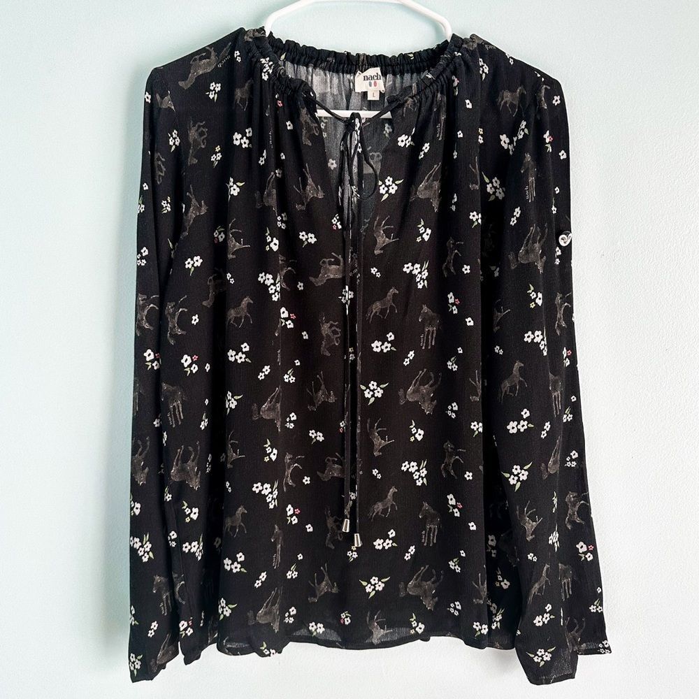 Nach Horse Novelty Print Hand Drawn Pattern Blouse Top